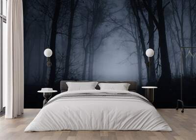 dark scary forest road on foggy night Wall mural