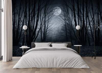 full moon over dark spooky forest at night Wall mural