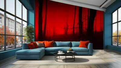 horror forest scene, red light in scary night landscape Wall mural