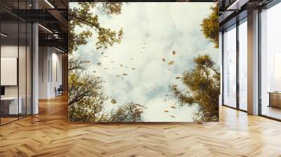 leaves falling from forest trees in autumn, view toward sky, low angle perspective Wall mural