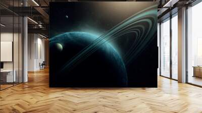 planet with rings and moons, planet and satellites sci fi space background realistic illustration (no NASA images used) Wall mural