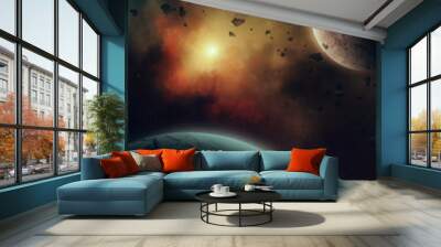 planets in space, surreal solar system illustration with nebula and sun in the background, planets passing through asteroid belt Wall mural