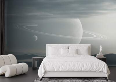 surreal landscape, planets above hills on morning sky, ring planet science fiction landscape Wall mural