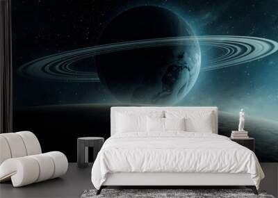 surreal space 3d illustration, planet with rings rising over horizon (no NASA images used) Wall mural