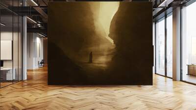 traveler in a dark canyon, surreal landscape Wall mural