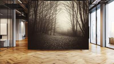 Vintage look sepia forest gloomy landscape. Trees in fog, dark woods scenery Wall mural