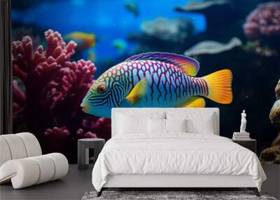 A close-up of a colorful tropical fish swimming in a coral reef Wall mural