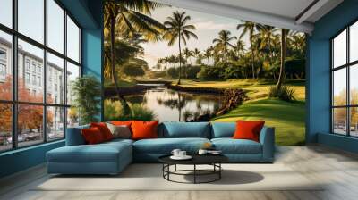 A lush green golf course with neatly manicured fairways and palm trees Wall mural