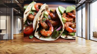 Grilled shrimp and avocado tacos with a tangy cilantro lime dressin Wall mural