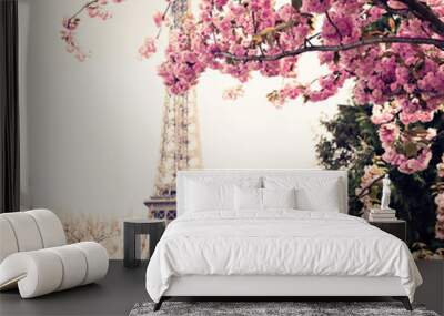 Eiffel Tower and Cherry blossoms in spring in Paris Wall mural