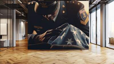 Black airman touches folded American flag. generative ai Wall mural