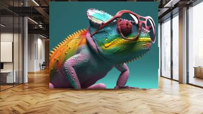 chameleon wearing sunglasses on a solid color background Wall mural