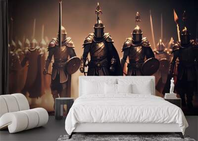 Dark fantasy knight in shining armor, cape, sword, castle, sunrise, digital art, artistic. Generative AI. Wall mural