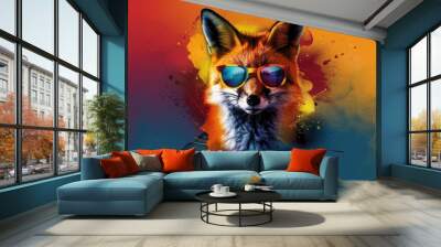 fox with sunglasses. Art on t-shirts. t-shirt design Wall mural