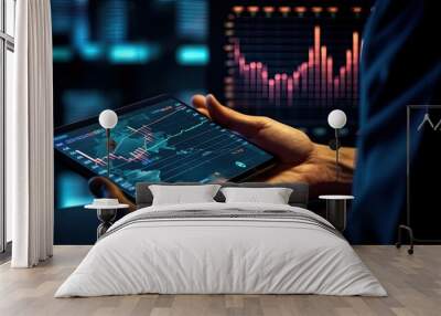 Show a person's hand holding a tablet and showing financial market data. Show hands only. Generative AI. Wall mural