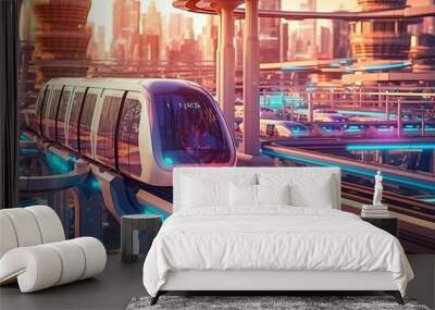 Urban mobility future - tram, metro, subway in futuristic city. Generative AI. Wall mural