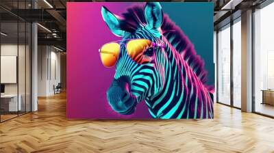 zebra wearing sunglasses on a solid color background, vector art, digital art, faceted, minimal, abstract. Generative AI. Wall mural