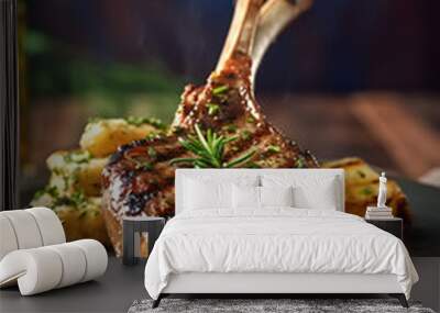 Close up grilled lamb ribs on cutting board. Wall mural