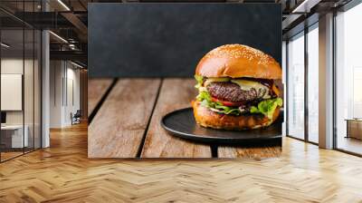 fresh tasty meat free burger on wooden table. Copy space Wall mural