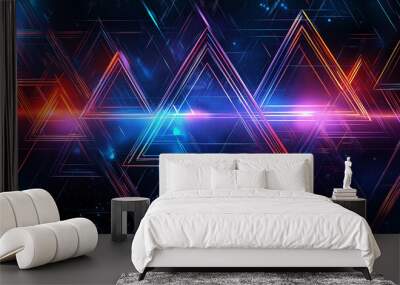 Abstract technology background with glowing triangles and lines forming futuristic neon cyberspace Wall mural