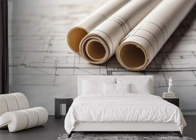 Architectural blueprints showing floor plan with three rolls lying on top Wall mural