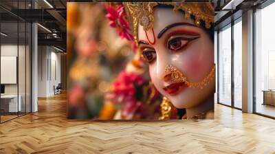 Beautiful face of hindu goddess lakshmi idol looking downwards with bokeh background Wall mural