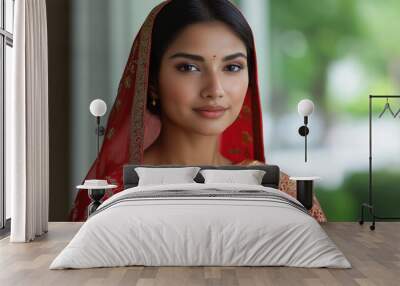 Beautiful indian woman wearing a traditional red sari Wall mural