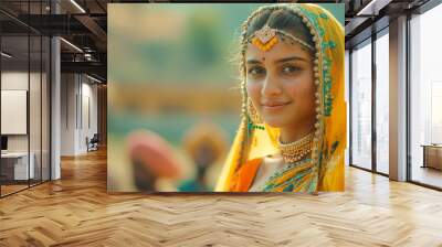 Beautiful indian woman wearing traditional clothing and jewelry is smiling Wall mural