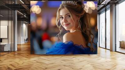 Beautiful young woman wearing a blue dress and tiara smiling at a party Wall mural