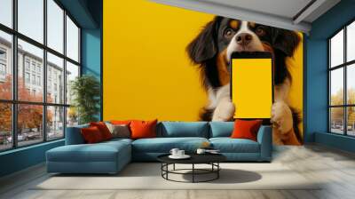 Bernese mountain dog holding smartphone with blank screen on yellow background Wall mural