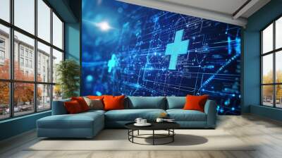 Blue digital healthcare cross emerging from futuristic technological background Wall mural