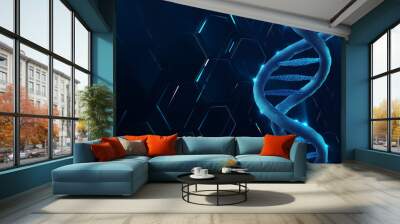 Blue dna strand rotating on abstract hexagonal background Wall mural