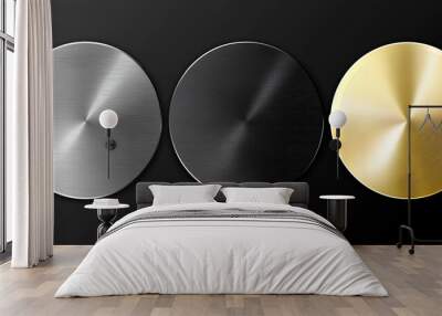 Brushed metal circles showing silver, black and gold textures Wall mural