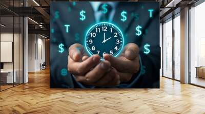 Businessman holding clock surrounded by digital dollar signs Wall mural