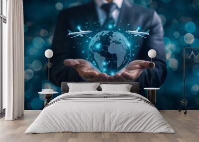 Businessman holding hologram of earth with airplanes for global business concept Wall mural