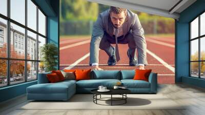 Businessman in starting blocks getting ready for race on track Wall mural