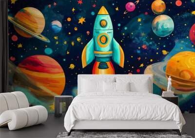 Cartoon rocket flying in space with colorful planets and stars Wall mural