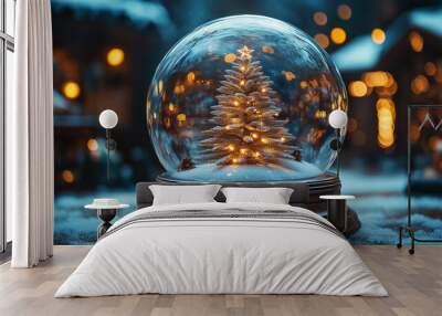 Christmas snow globe sparkling in front of a chalet at night Wall mural