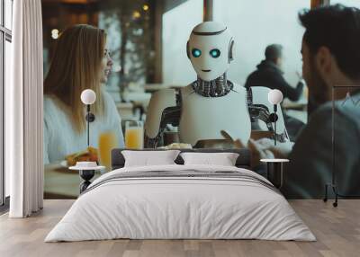 Couple having breakfast in restaurant with android robot Wall mural