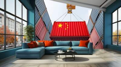 Crane lifting up container with chinese flag at import export terminal Wall mural