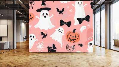 Cute ghost floating on pink halloween seamless pattern background Wall mural