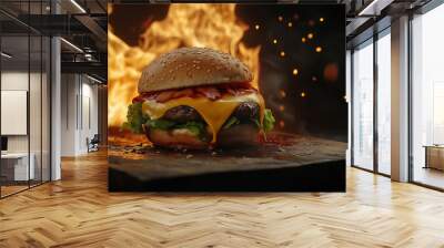 Delicious burger with melted cheese is sitting on wooden board in front of flames Wall mural