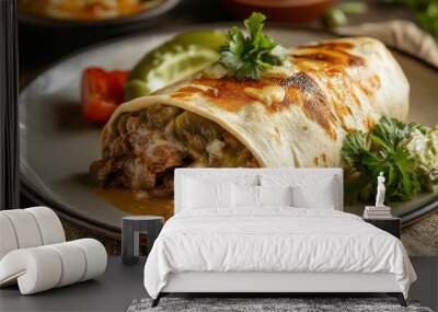 Delicious mexican beef burrito lying on plate Wall mural