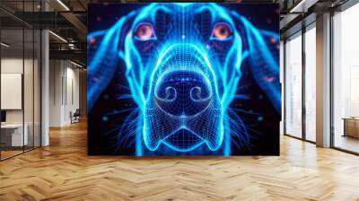 Dog face made of blue plexus effect on black background Wall mural