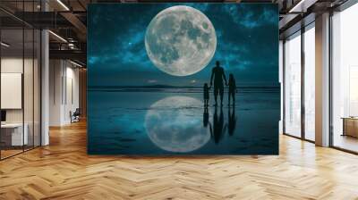 Family watching huge moon rising over ocean at night Wall mural