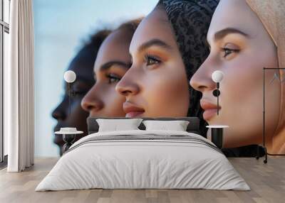 Four young women looking in the same direction with hope Wall mural