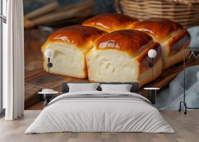 Freshly baked square loaves of white bread resting on a wooden cutting board Wall mural