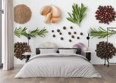 Garlic, rosemary, and peppercorns creating a flavorful culinary composition Wall mural