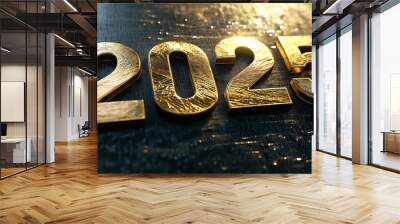 Golden 2025 sign representing upcoming new year on dark background Wall mural