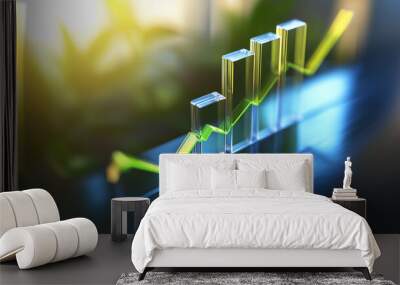 Green arrow pointing up on growing business chart made of glass Wall mural